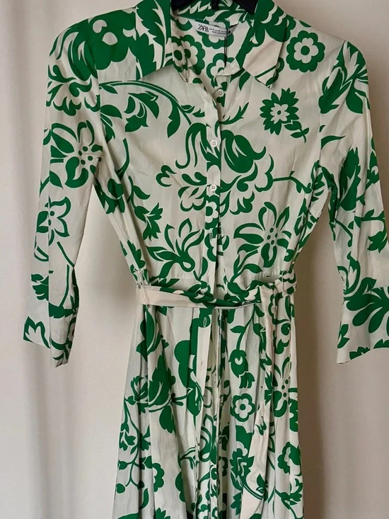 Zara Green & White Floral Long-Sleeve Shirt Dress - Picture 2 of 2